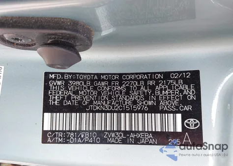 2012 Toyota Prius Three from USA, damaged, VIN JTDKN3DU2C1515976